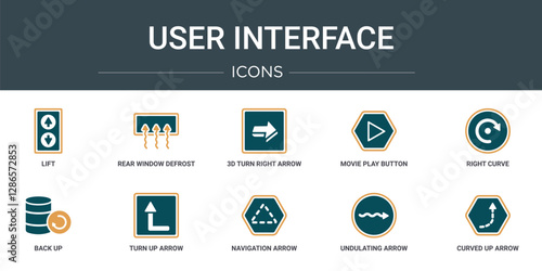 set of 10 outline web user interface icons such as lift, rear window defrost, 3d turn right arrow, movie play button, right curve, back up, turn up arrow vector icons for report, presentation,