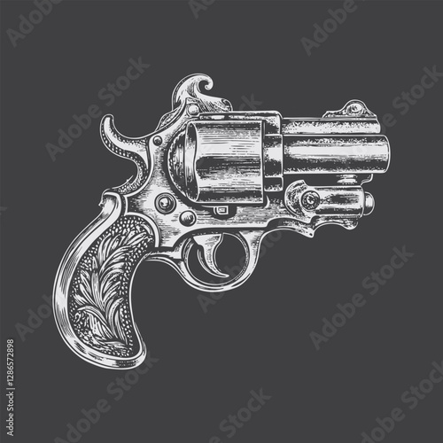 Ornate Vintage Revolver Illustration Intricately Engraved Antique Firearm