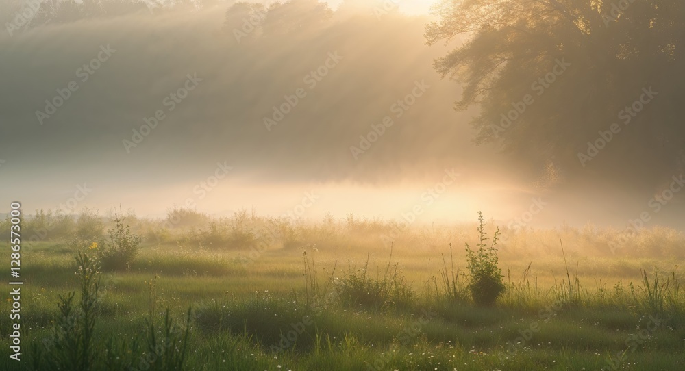 Sunlit morning mist with golden light in serene meadow landscape. Sunlit morning mist with golden light in serene meadow landscape.