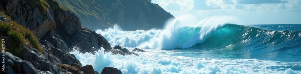 Powerful ocean surge against rocky cliffs, sea spray , cliff, wild, rocky shore Powerful ocean surge against rocky cliffs, sea spray , cliff, wild, rocky shore