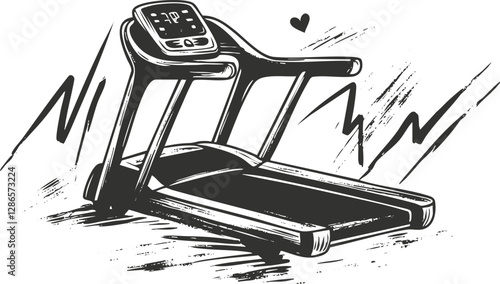 Black and white treadmill illustration with heart symbol and sketchy lines.