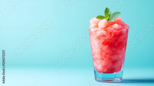 Watermelon slushie or strawberry granita cocktail with mint in glass on trendy blue background, copy space.