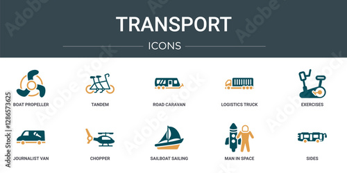 set of 10 outline web transport icons such as boat propeller, tandem, road caravan, logistics truck, exercises, journalist van, chopper vector icons for report, presentation, diagram, web design,