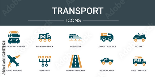 set of 10 outline web transport icons such as bus front with driver, recycling truck, bobsleigh, loaded truck side view, go kart, flying airplane, gearshift vector icons for report, presentation,