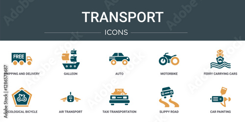 set of 10 outline web transport icons such as shipping and delivery, galleon, auto, motorbike, ferry carrying cars, ecological bicycle transport, air transport vector icons for report, presentation,