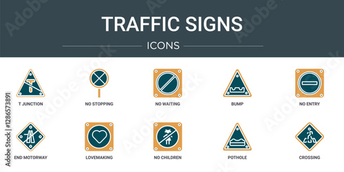 set of 10 outline web traffic signs icons such as t junction, no stopping, no waiting, bump, no entry, end motorway, lovemaking vector icons for report, presentation, diagram, web design, mobile app