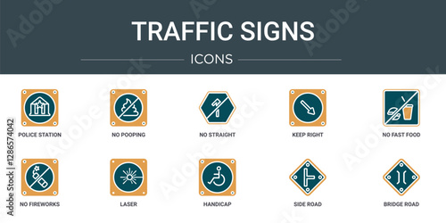 set of 10 outline web traffic signs icons such as police station, no pooping, no straight, keep right, no fast food, fireworks, laser vector icons for report, presentation, diagram, web design,
