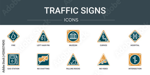 set of 10 outline web traffic signs icons such as fire, left hair pin, museum, curves, hospital, gas station, no chatting vector icons for report, presentation, diagram, web design, mobile app