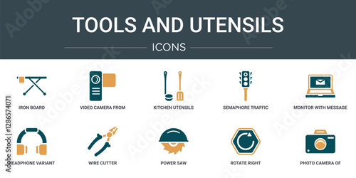 set of 10 outline web tools and utensils icons such as iron board, video camera from frontal view, kitchen utensils, semaphore traffic lights, monitor with message envelopes going out of the screen,