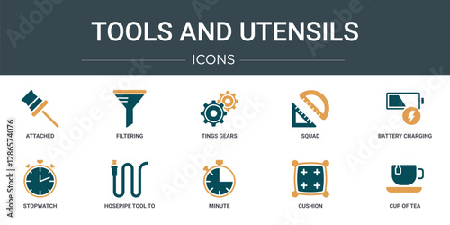 set of 10 outline web tools and utensils icons such as attached, filtering, tings gears, squad, battery charging, stopwatch, hosepipe tool to extinguish fire or gardening vector icons for report,
