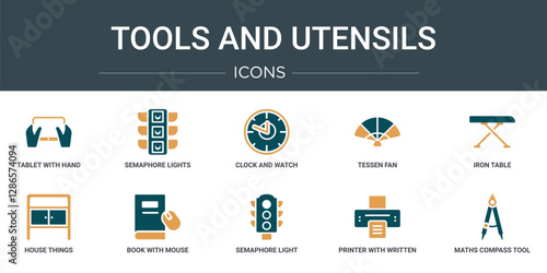 set of 10 outline web tools and utensils icons such as tablet with hand, semaphore lights, clock and watch, tessen fan, iron table, house things, book with mouse vector icons for report,