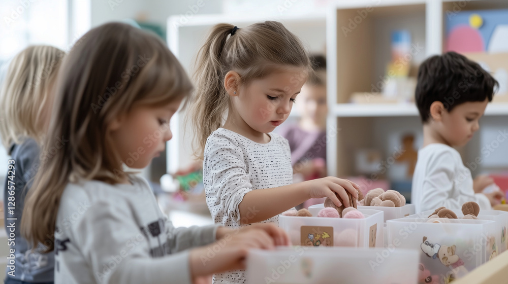 Kindergarten students sorting toys into labeled bins Kindergarten students sorting toys into labeled bins