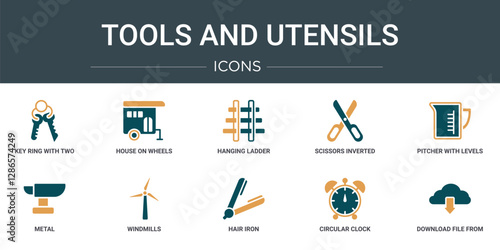 set of 10 outline web tools and utensils icons such as key ring with two keys, house on wheels, hanging ladder, scissors inverted view, pitcher with levels, metal, windmills vector icons for report,