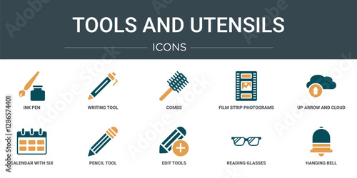 set of 10 outline web tools and utensils icons such as ink pen, writing tool, combs, film strip photograms, up arrow and cloud, calendar with six days, pencil tool vector icons for report,