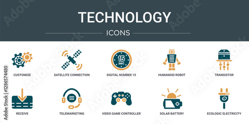 set of 10 outline web technology icons such as customize, satellite connection, digital number 15, humanoid robot, transistor, receive, telemarketing vector icons for report, presentation, diagram,