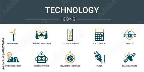 set of 10 outline web technology icons such as wind power, gamepad with cable, television remote control, calculation, shields, ip address point locator, science fiction vector icons for report,