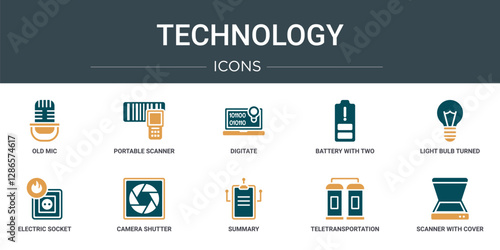 set of 10 outline web technology icons such as old mic, portable scanner, digitate, battery with two bars, light bulb turned off, electric socket on fire, camera shutter vector icons for report,