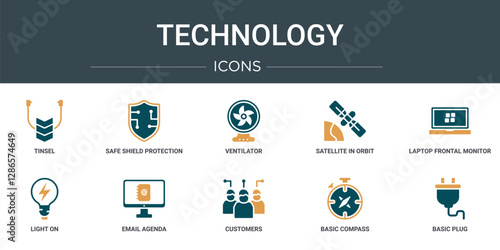 set of 10 outline web technology icons such as tinsel, safe shield protection, ventilator, satellite in orbit, laptop frontal monitor, light on, email agenda vector icons for report, presentation,