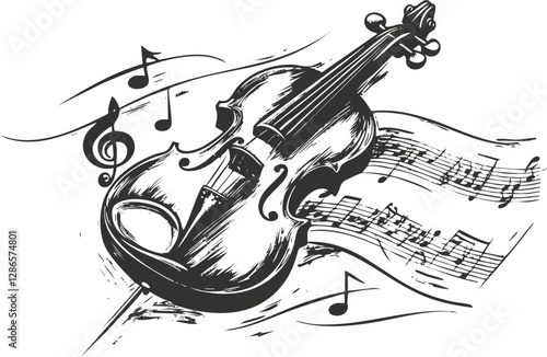 Black and white sketch of a violin with musical notes and sheet music.