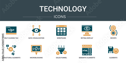set of 10 outline web technology icons such as self-closing tag, data visualization, wireframe, retina display, devops, structural elements, microblogging vector icons for report, presentation,