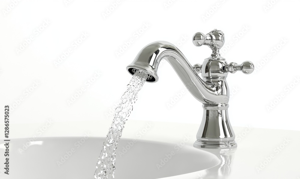 Chrome faucet with running water in white sink, bathroom fixture Chrome faucet with running water in white sink, bathroom fixture