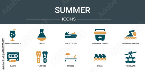 set of 10 outline web summer icons such as refreshing cold drink, dress, sea scooter, portable fridge, swimming person, caste, flippers vector icons for report, presentation, diagram, web design,