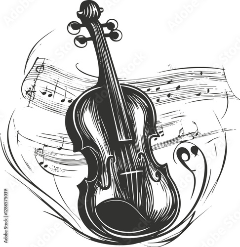 Artistic illustration of a violin with musical notes and sheet music.