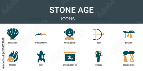 set of 10 outline web stone age icons such as shellfish, pterodactyl, troglodyte, bow, dolmen, meteor, skin vector icons for report, presentation, diagram, web design, mobile app
