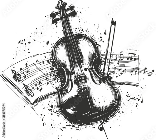 Artistic sketch of a violin with musical notes and pencil accents.