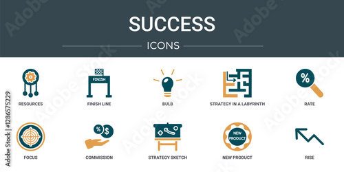 set of 10 outline web success icons such as resources, finish line, bulb, strategy in a labyrinth, rate, focus, commission vector icons for report, presentation, diagram, web design, mobile app