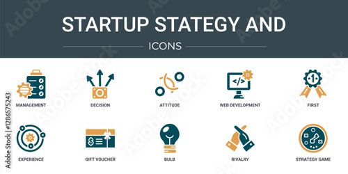 set of 10 outline web startup stategy and icons such as management, decision, attitude, web development, first, experience, gift voucher vector icons for report, presentation, diagram, web design,
