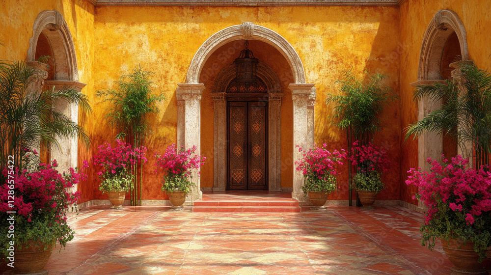 Fototapeta premium vibrant courtyard with yellow walls, lush plants, and pink flowers creates warm and inviting atmosphere