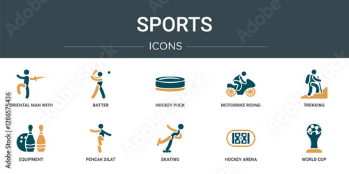 set of 10 outline web sports icons such as oriental man with a sword, batter, hockey puck, motorbike riding, trekking, equipment, pencak silat vector icons for report, presentation, diagram, web