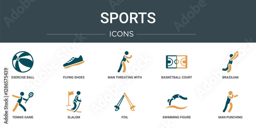 set of 10 outline web sports icons such as exercise ball, flying shoes, man threating with his fist, basketball court, brazilian, tennis game, slalom vector icons for report, presentation, diagram,