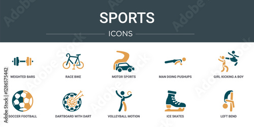 set of 10 outline web sports icons such as weighted bars, race bike, motor sports, man doing pushups, girl kicking a boy in the face, soccer football ball, dartboard with dart vector icons for