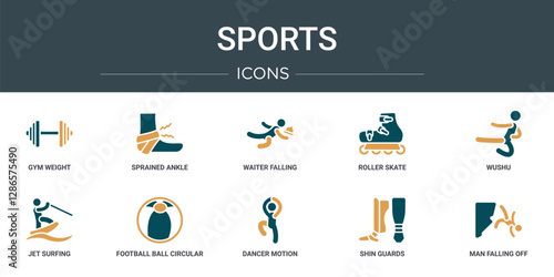 set of 10 outline web sports icons such as gym weight, sprained ankle, waiter falling, roller skate, wushu, jet surfing, football ball circular vector icons for report, presentation, diagram, web