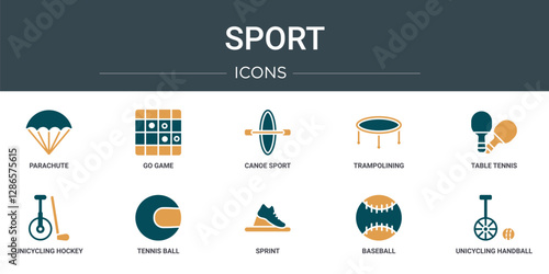 set of 10 outline web sport icons such as parachute, go game, canoe sport, trampolining, table tennis, unicycling hockey, tennis ball vector icons for report, presentation, diagram, web design,