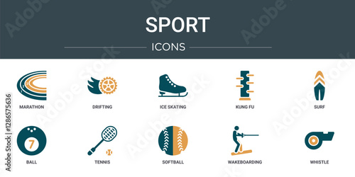 set of 10 outline web sport icons such as marathon, drifting, ice skating, kung fu, surf, ball, tennis vector icons for report, presentation, diagram, web design, mobile app