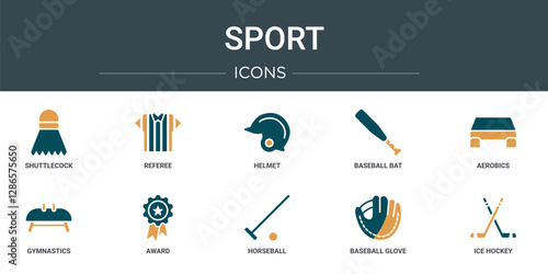set of 10 outline web sport icons such as shuttlecock, referee, helmet, baseball bat, aerobics, gymnastics, award vector icons for report, presentation, diagram, web design, mobile app