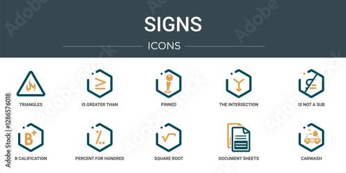 set of 10 outline web signs icons such as triangles, is greater than or equal to, pinned, the intersection of, is not a sub, b calification, percent for hundred vector icons for report,
