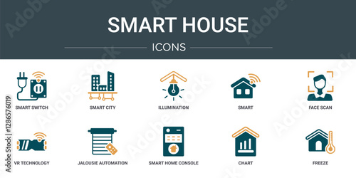 set of 10 outline web smart house icons such as smart switch, smart city, illumination, face scan, vr technology, jalousie automation vector icons for report, presentation, diagram, web design,