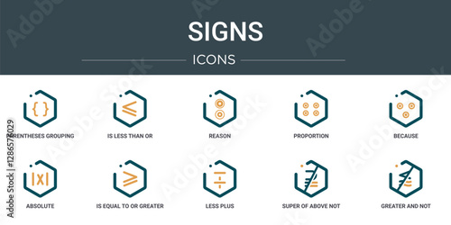 set of 10 outline web signs icons such as parentheses grouping, is less than or equal to, reason, proportion, because, absolute, is equal to or greater than vector icons for report, presentation,