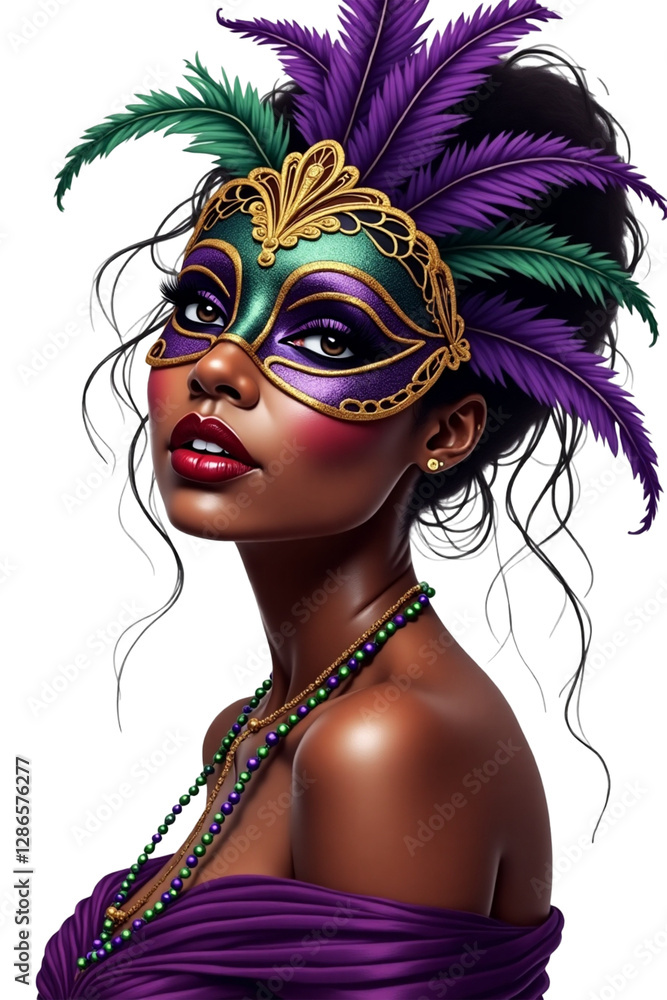 Fototapeta premium features a glamorous woman with dark curly hair wearing an elaborate green and purple Mardi Gras masquerade mask adorned with gold details and feathers, accessorized with matching jewelry and a gorgeo