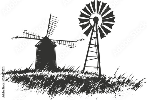 Black and white silhouette of windmills in a grassy field.