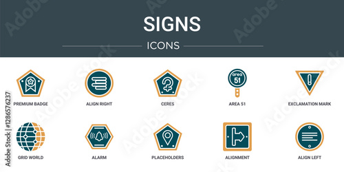 set of 10 outline web signs icons such as premium badge, align right, ceres, area 51, exclamation mark, grid world, alarm vector icons for report, presentation, diagram, web design, mobile app