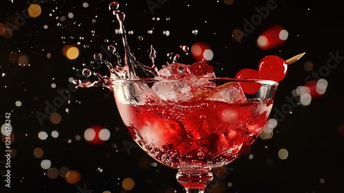 Striking red cocktail splashing over a glass rim, ice and droplets suspended in motion.