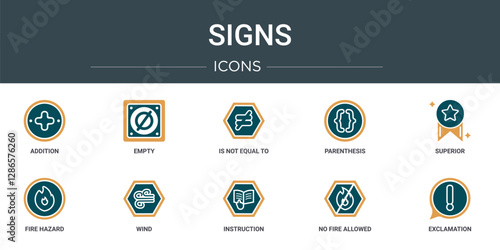 set of 10 outline web signs icons such as addition, empty, is not equal to, parenthesis, superior, fire hazard, wind vector icons for report, presentation, diagram, web design, mobile app