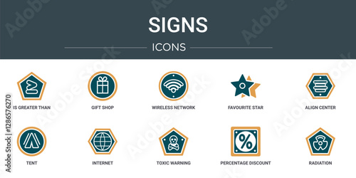 set of 10 outline web signs icons such as is greater than, gift shop, wireless network, favourite star, align center, tent, internet vector icons for report, presentation, diagram, web design,
