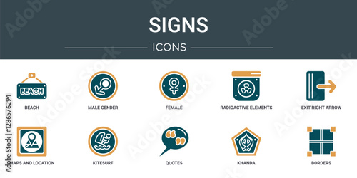 set of 10 outline web signs icons such as beach, male gender, female, radioactive elements, exit right arrow, maps and location, kitesurf vector icons for report, presentation, diagram, web design,