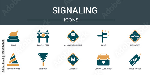set of 10 outline web signaling icons such as poop, road closed, allowed drinking, lost, no smoke, traffic cones, give way vector icons for report, presentation, diagram, web design, mobile app